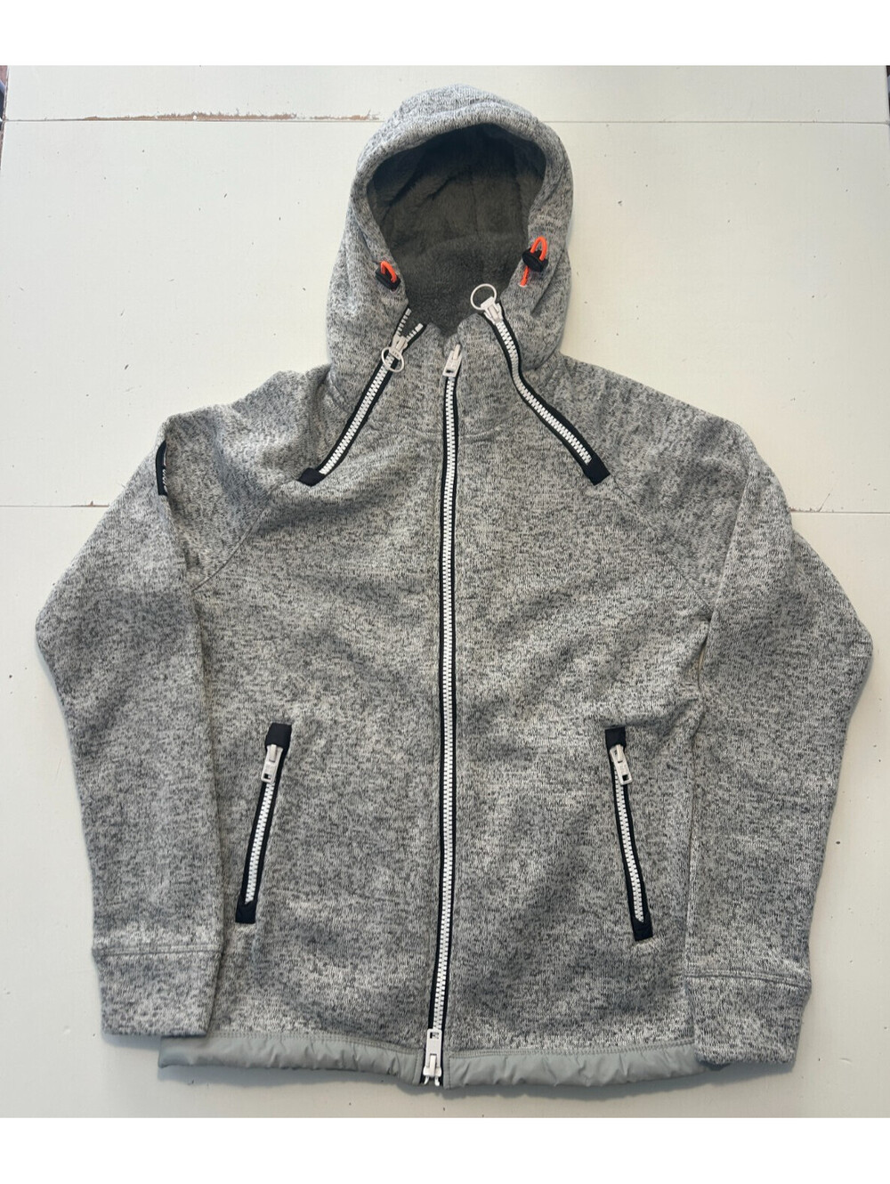 SUPERDRY Storm Coat Jacket Grey Knit Hoodie Large Lg L Full Zip Pockets